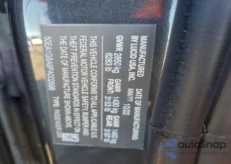 2023 Lucid Motors Air Grand Touring z USA, uszkodzony, nr VIN 50EA1GBA9PA002698